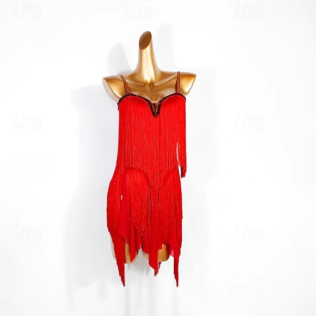  robe de concours de danse latine pour femmes, robe à pampilles sans manches pour rumba salsa chacha