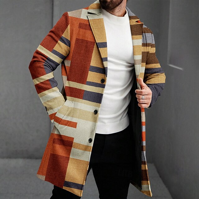 Men's Striped Winter Coat Fleece Jacket Overcoat Thermal Comfortable Business Casual Formal Daily Wear 3D Print Buttons Front Pocket Winter Turndown Long Sleeve Brown4