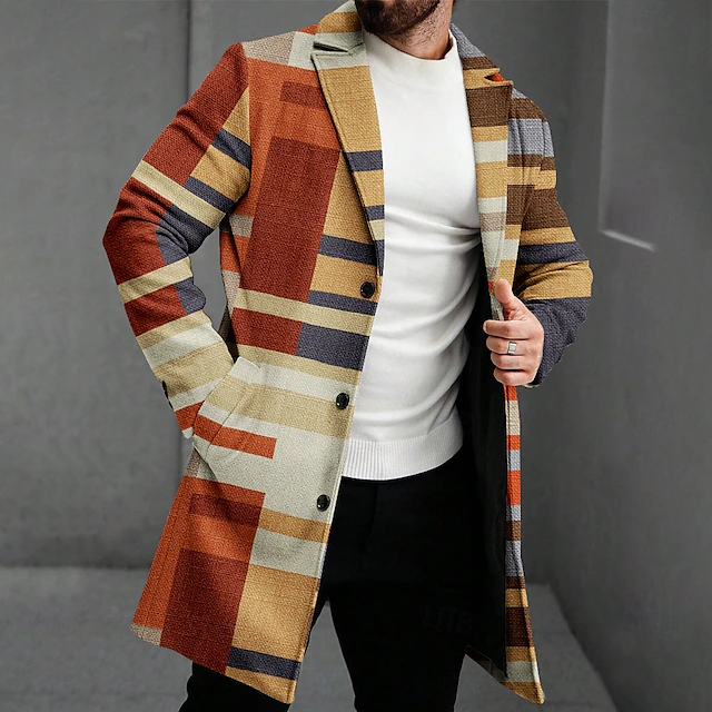 Men's Striped Winter Coat Fleece Jacket Overcoat Thermal Comfortable Business Casual Formal Daily Wear 3D Print Buttons Front Pocket Winter Turndown Long Sleeve Brown4