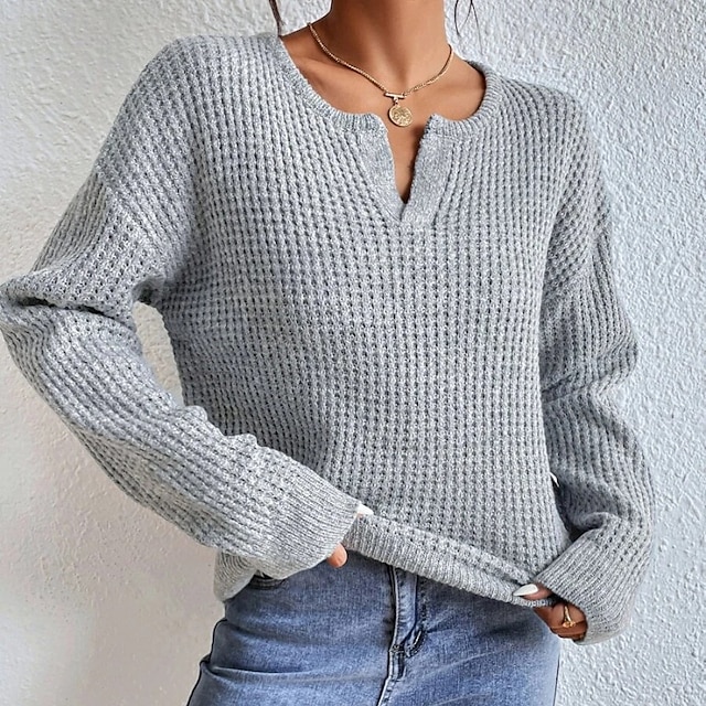 Women's Sweater Polo Collar Textured Knit Fall Winter Weekend Daily Work Basic Long Sleeve Solid Color Navy Blue Gray 8