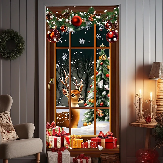 Christmas Door Decorations Door Covers Xmas Reindeer Ornaments Door Tapestry Door Curtain Decoration Backdrop Indoor/Outdoor Door Banner for Front Door Farmhouse Snowflakes 6