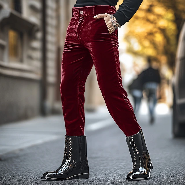 Men's Dress Pants Skinny Trousers Casual Pants Velvet Pants Pocket Plain Comfort Soft Full Length Party Daily Club Fashion Streetwear Black Red 5
