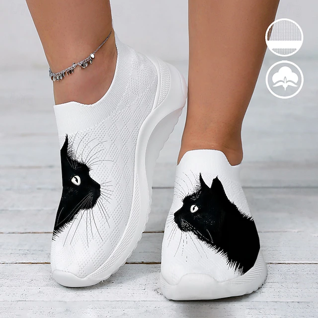 Women's White Slip-On Sneakers with Black Cat Print - Breathable Flyknit Casual Shoes for Everyday Comfort and Style 12