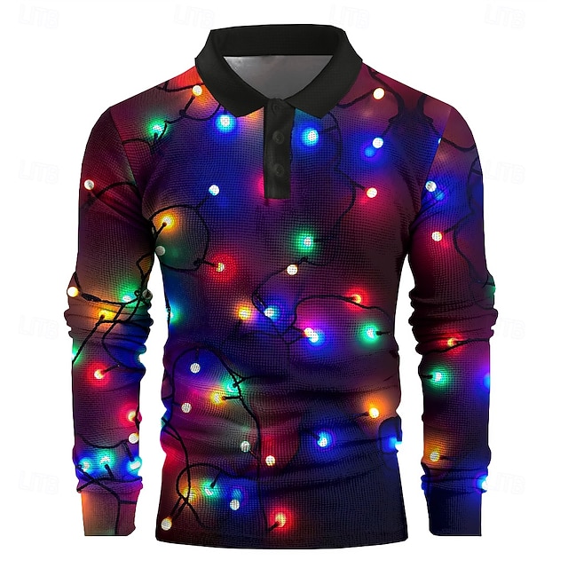  natal masculino natal luz 3d polo lanternas engraçado waffle manga longa festa noite ano novo camisas primavera outono inverno botão 3d impressão colarinho multi cor micro-elástico poliéster