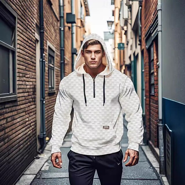 Men's Hoodie Black White Hooded Plain Jacquard Pocket Drawstring Front