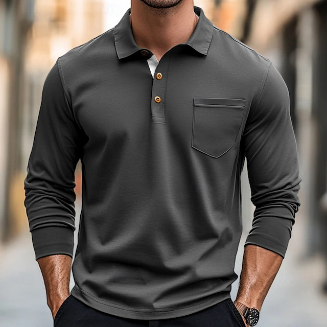 100% Cotton Men's Polo Shirt Golf Polo Formal Work Classic Long Sleeve Color Block Button Summer Spring & Fall Army Green Dark Grey Black Burgundy Navy Blue Polo Shirt 15
