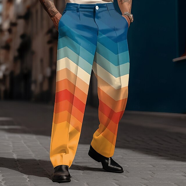 Men's Gradient Stripes Dress Pants Mid Waist Business Casual Formal Outdoor Dailywear Zipper Pocket Straight Leg Trousers Summer Spring Fall 3D Print Blue4