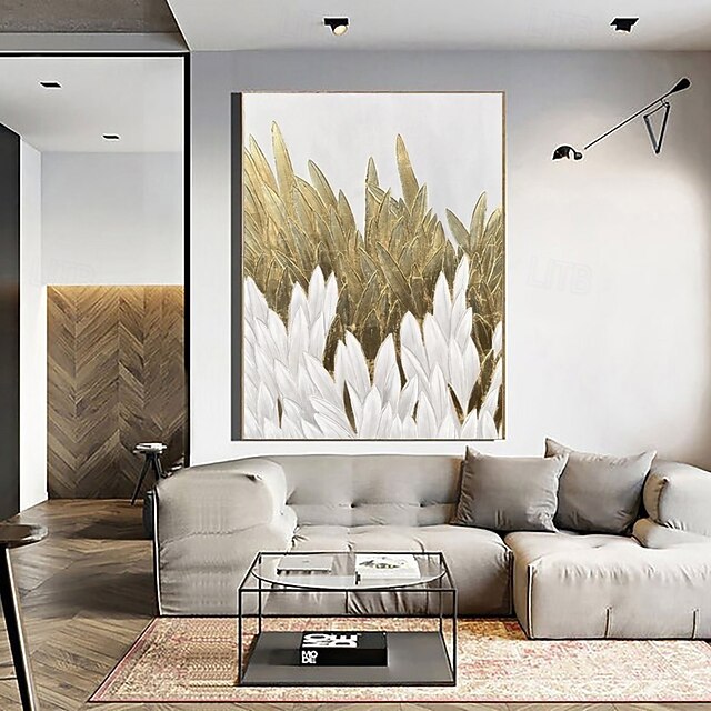 Handpaint Gold White Feather Painting Orginal Gold Leaf Abstract Wall