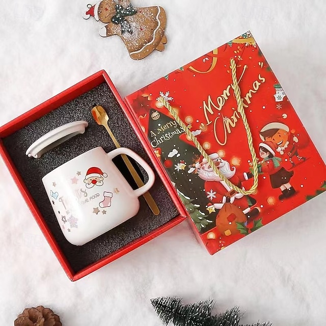  jul keramisk mugg med presentask, tecknad design med lock, julaftonspresent, festlig mugg med presentask, perfekt semesterpresent