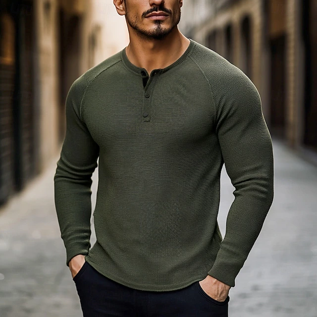 Men's T shirt Waffle Henley Shirt Henley Shirt Tee Top Long Sleeve Shirt Plain Henley Street Vacation Long Sleeve Knitting Clothing Apparel Fashion Designer Basic 13