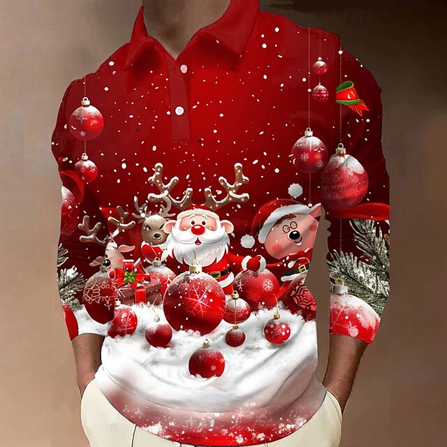 Christmas Men's Santa Claus Polo Shirts Zip Polo Long Sleeve Polo Shirts Collar Casual Party Evening Wear Dailywear Zipper Spring Fall & Winter Red4