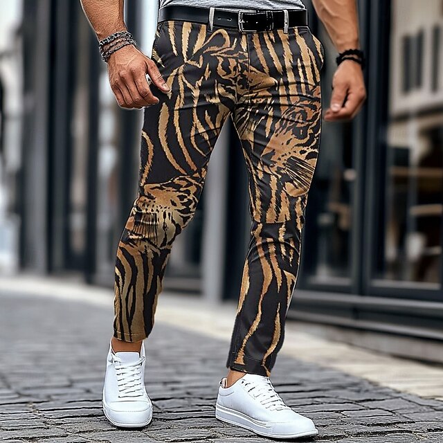 Men's Tiger Skin Dress Pants Mid Waist Business Casual Formal Outdoor Street Zipper Pocket Summer Spring Fall 3D Print Brown4
