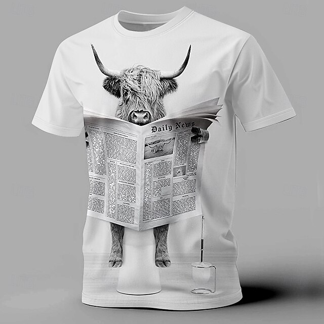 Men's Cow Newspaper T Shirt Short Sleeve T shirt 3D Print Crew Neck Shirt Fashion Athleisure Street Sports Outdoor Daily White Summer Spring Clothing Apparel S M L XL XXL XXXL4