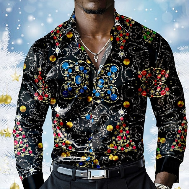  Natale Per uomo Camicia in raso Camicie Manica lunga Informale Da mare Abiti da sera per feste Da giorno Estate Primavera Autunno Camicie con colletto Stampa 3D Nero
