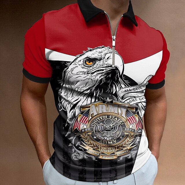 Men's American Flag Veterans Zip Polo Shirts Golf Shirt Short Sleeve Polo Shirts Collared Shirts Casual Streetwear Vacation Wear Party Outfits 3D Print Quarter Zip Polo Summer Spring Red4