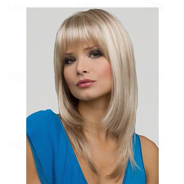 Synthetic Wig Straight Asymmetrical Wig Medium Length Blonde Synthetic Hair Women's Fashionable Design Soft Natural Blonde4