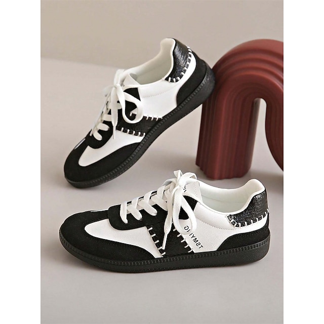  tênis feminino retrô preto e branco com cadarço - design casual de cano baixo com detalhes em camurça e tecido, sola confortável para uso diário e atividades esportivas