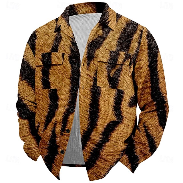 Men's Tiger Skin Corduroy Shirt Shirt Jacket Overshirt Long Sleeve Vintage Tribal Outdoor Dailywear Fall & Winter Turndown Collared Shirts Buttons 3D Print 2 Pockets 1pc Brown4