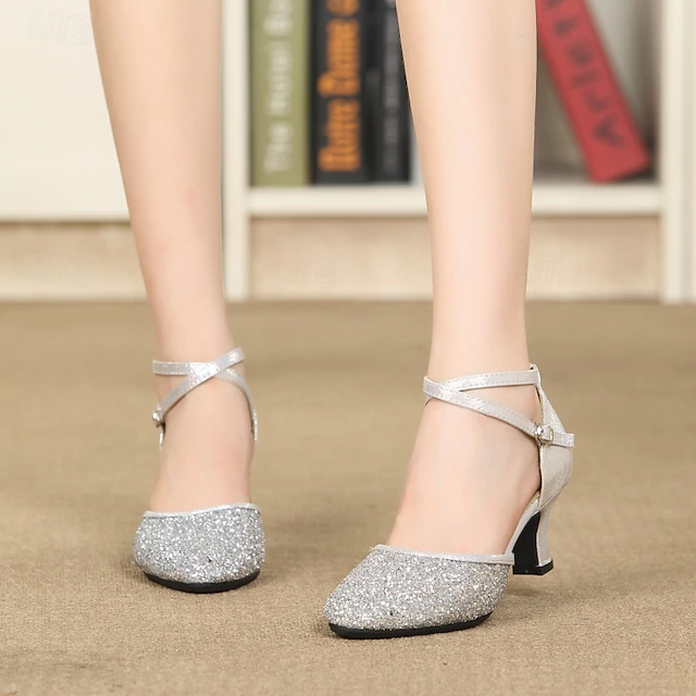 Women's Silver Glitter Dance Shoes – Low Heel Ballroom & Latin Performance Shoes with Cross-Strap for Salsa, Tango & Party Events 17