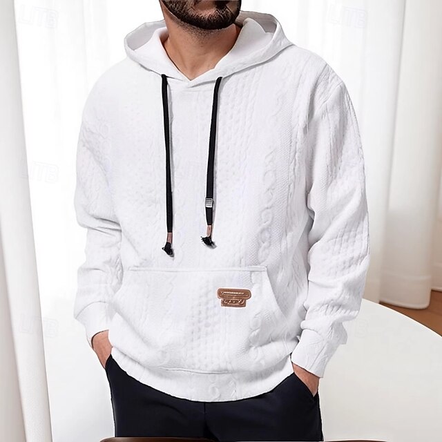 Men's Hoodie Black White Coffee Hooded Plain Jacquard Pocket Drawstring