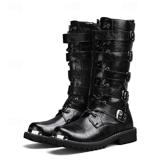 Men's Black Steampunk Motorcycle Boots with Buckle Straps and Rugged Non-Slip Sole - Ideal for Biker Fashion or Gothic Events 24