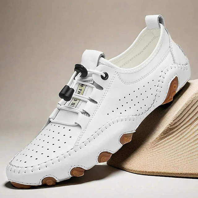 Men's White Perforated Casual Shoes with Hand-Stitched Detailing, Breathable Mesh Upper and Comfortable Slip-On Design 32