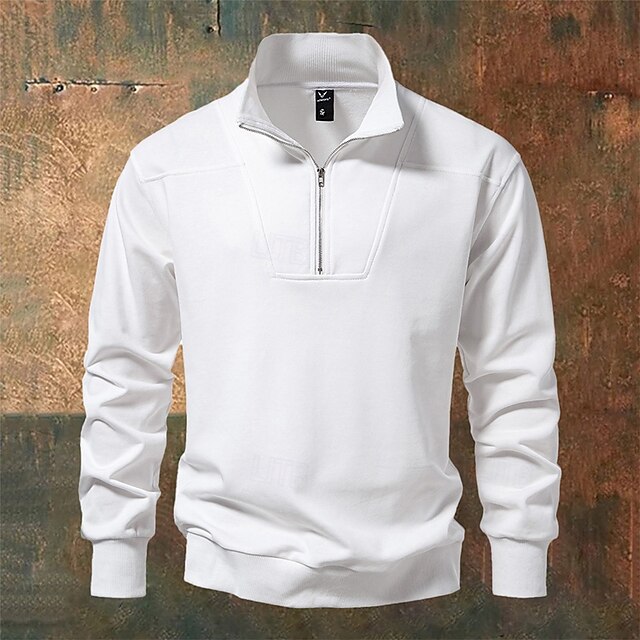 Men's Pullover Black White Standing Collar Half Zip Plain Pocket Work