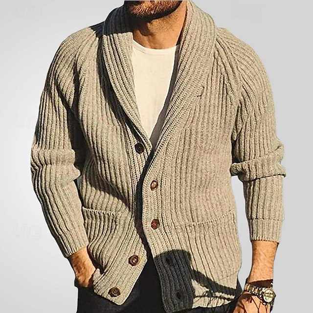 Men's Cardigan Sweater Cropped Sweater Knit Sweater Ribbed Knit Regular Pocket Solid Color Shawl Collar Fashion Classic Daily Wear Date Clothing Apparel Fall & Winter khaki M L XL4