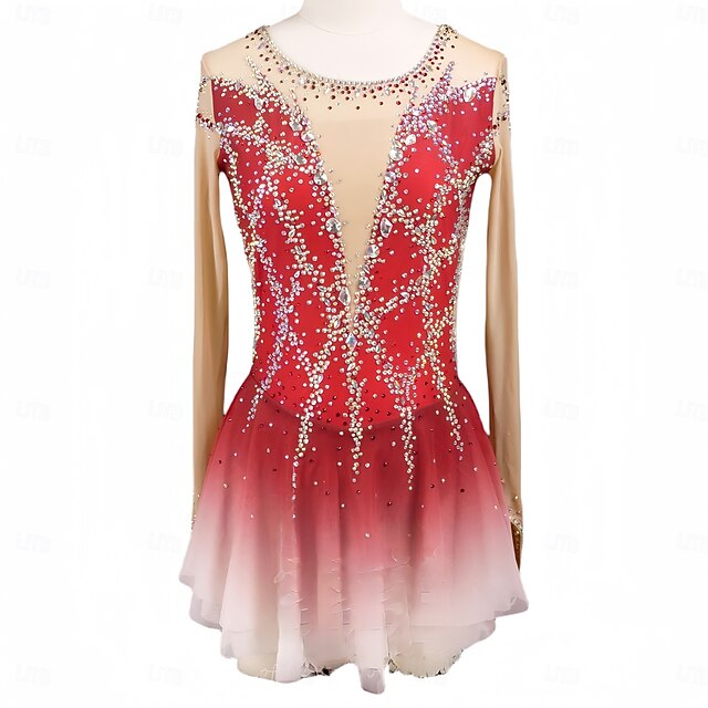 Figure Skating Dress Women's Girls' Ice Skating Dress Red Thumbhole Halo Dyeing Mesh Spandex Stretchy Training Practice Professional Skating Wear Thermal Warm Classic Crystal / Rhinestone Long Sleeve4