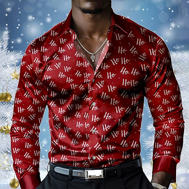 Christmas Men's Christmas tree Printed Shirts Text Fashion Casual Dress Button Up Long Sleeve Party Evening Dailywear Vacation Summer Spring Fall Collared Shirts 3D Print Thin Red Satin4