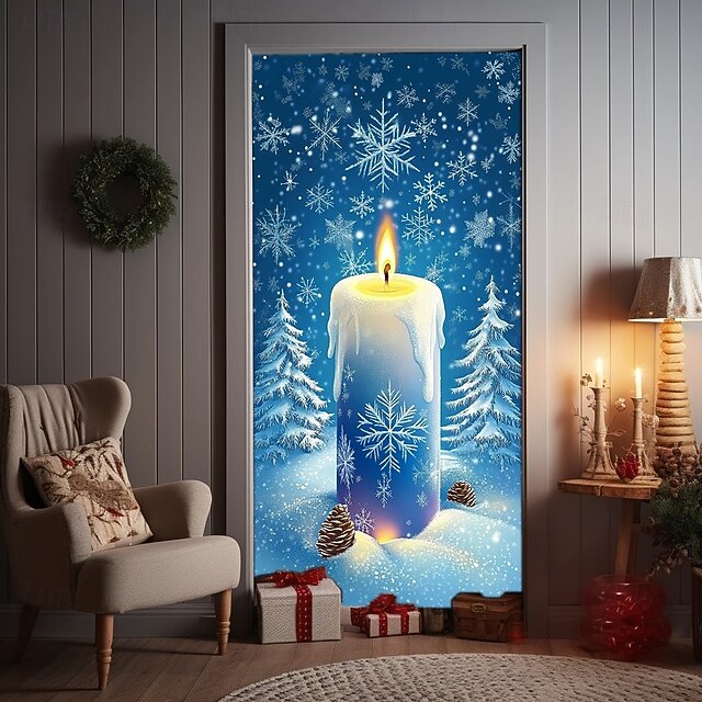 Christmas Door Decorations Door Covers Xmas Candle Snowflake Door Tapestry Door Curtain Decoration Backdrop Indoor/Outdoor Door Banner for Front Door Farmhouse 13