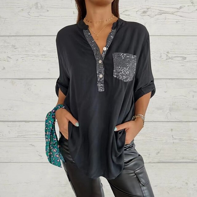 Women's Shirt Sequin Sparkly Party Solid Color Long Sleeve V Neck Regular Tops Patchwork Rouge Black White Spring Fall4
