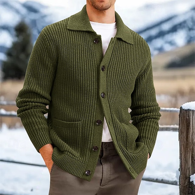  Herre Cardigan Sweater Strik sweater Rillet Strikke Normal Knap op Sidelommer Helfarve Krave Mode Klassisk Dagligdagstøj Stævnemøde Tøj Forår Efterår vinter Sort Brun S M L