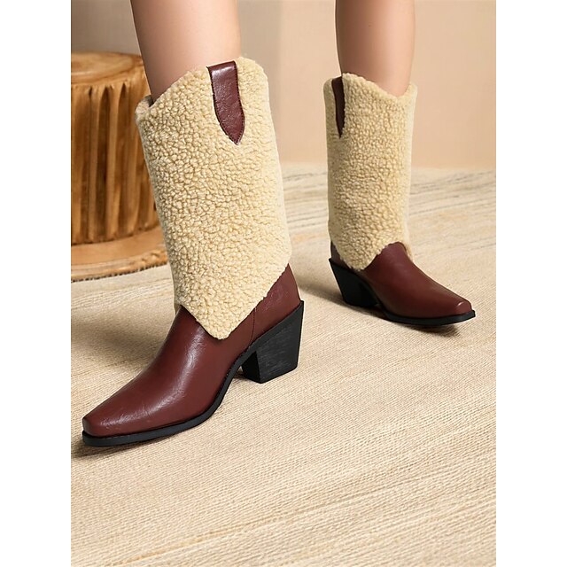 Women's Western Brown Faux Leather Boots with Shearling Upper & Block