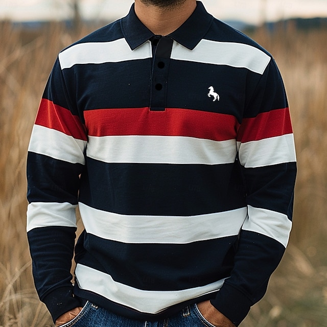  Herr Randig Rugby pikétröjor Långärmad Polotröjor Krage Business Casual Formell Utomhus Gata Vardag Knappar 3D-utskrift Vår Höst Vinter Rubinrött Blå Purpur
