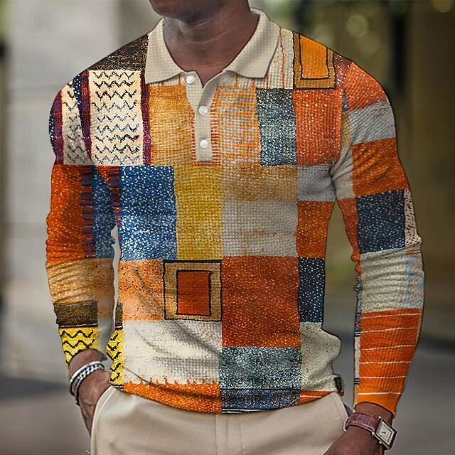 Men's Plaid Waffle Polo Shirts Golf Shirt Long Sleeve Polo Shirts Collared Shirts Vintage Casual Vacation Wear Formal Wear Festival Wear Buttons 3D Print Spring Fall Winter Orange4