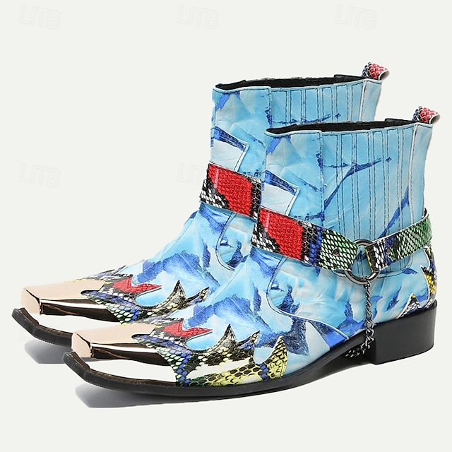  Botines de piel de vacuno de primera calidad para hombre: botas de motociclista estilo western con estampado de serpiente colorido y puntera metálica