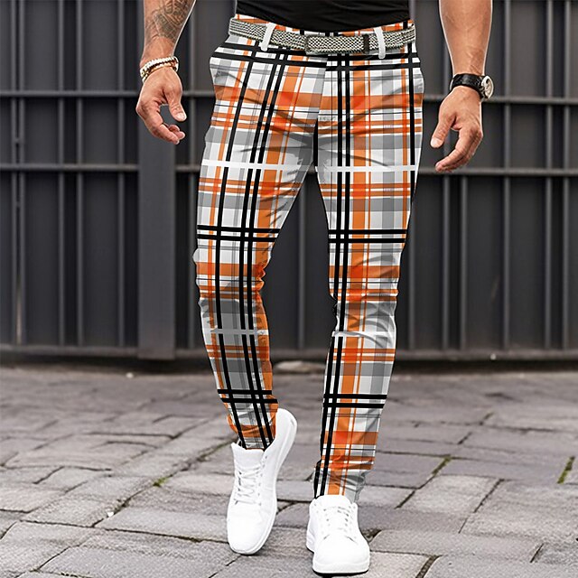 Men's Plaid Dress Pants Mid Waist Business Casual Formal Outdoor Dailywear Zipper Pocket Summer Spring Fall 3D Print Orange4