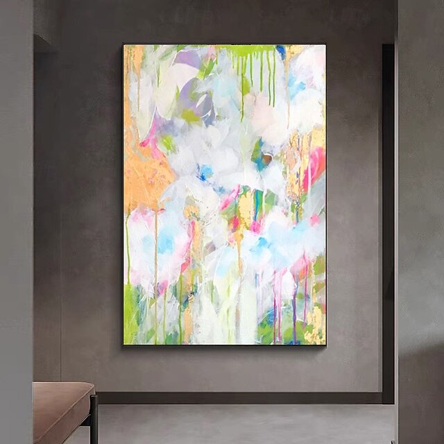 Handpaint White Floral Abstract Painting with Gold Leaf Contemporary