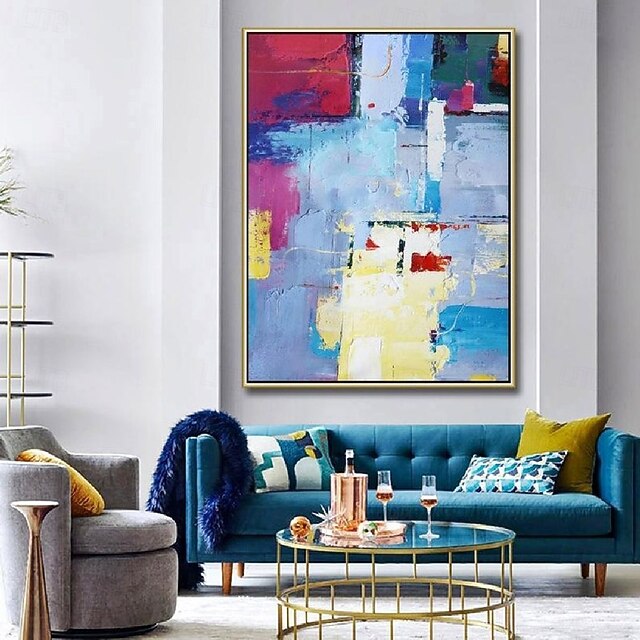 Handmade Hand Painted blue oil painting Large Creamy Beige Abstract