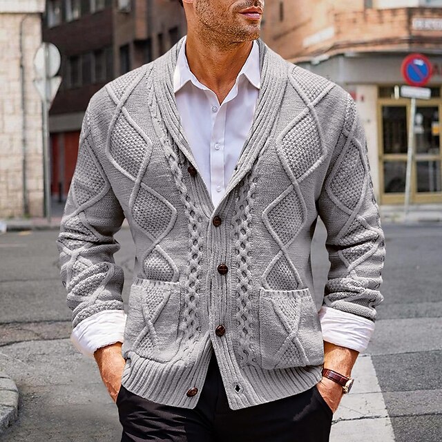 Men's Cardigan Sweater Knit Sweater Cable Knit Regular Button Up Side