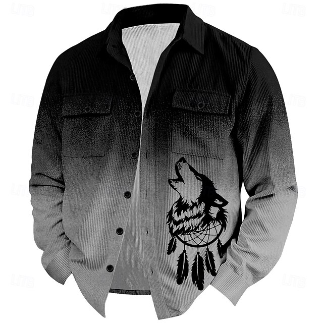  Christmas Men's Wolf Corduroy Shirt Shirt Jacket Overshirt Long Sleeve Vintage Tribal Outdoor Dailywear Fall & Winter Turndown Collared Shirts Buttons 3D Print 2 Pockets 1pc Black Grey Army Green Red