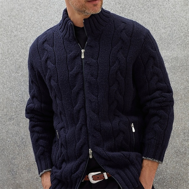  Herren Strickjacke Strickpullover Gedrehtes Stricken Standard Full Zip Feste Farbe Kragen Modisch Klassisch Freizeitskleidung Verabredung Bekleidung Herbst Winter Dunkelmarine M L XL