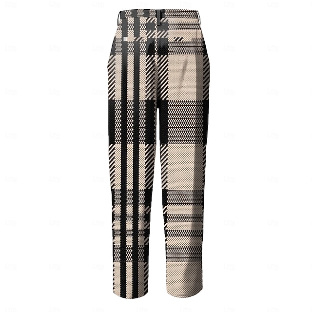 Geometric Plaid Business Casual Men's Dress Pants Zipper Pocket Mid