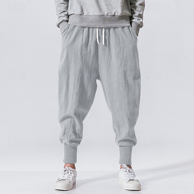  Homens Calças de linho Calças Patchwork Com Cordão Harém Côr Sólida Respirável Secagem Rápida Rua Casual Roupa Esportiva Ajuste Largo Preto Cinzento Micro-Elástica / Inverno / Calça cortada / Leve