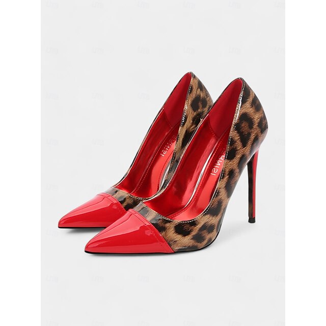  talons aiguilles imprimé léopard pour femmes – escarpins à bout pointu en cuir verni rouge pour fêtes et événements nocturnes