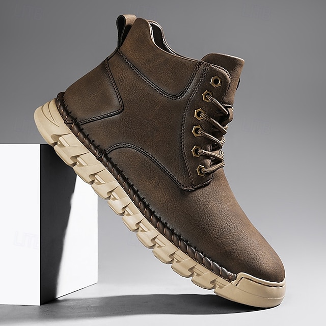  heren casual enkellaarsjes van imitatieleer - lichtgewicht bruine veterschoen met duurzame flexibele zool voor buiten en dagelijks gebruik