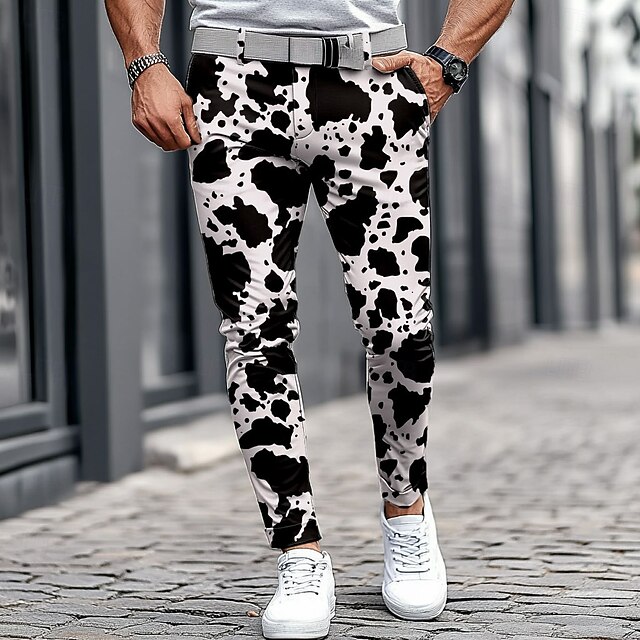 Men's Spot Dress Pants Mid Waist Business Casual Formal Outdoor Street Zipper Pocket Summer Spring Fall 3D Print Black And White4