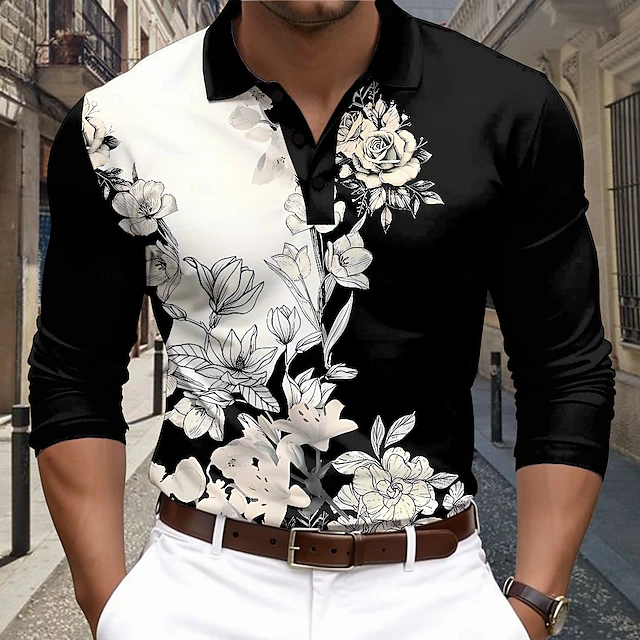 Men's Floral Polo Shirts Golf Polos Shirts Long Sleeve Polo Shirts Collar Business Casual Vacation Party Evening Wear Dailywear Buttons 3D Print Spring Fall Winter Black4