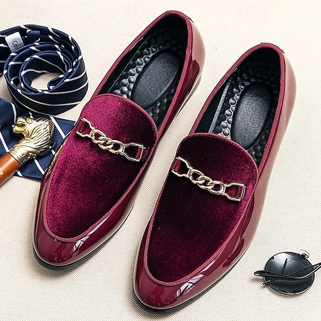 Men's Burgundy Velvet Loafers with Gold Chain Detail – Elegant Slip-On Dress Shoes for Formal Events and Parties 22